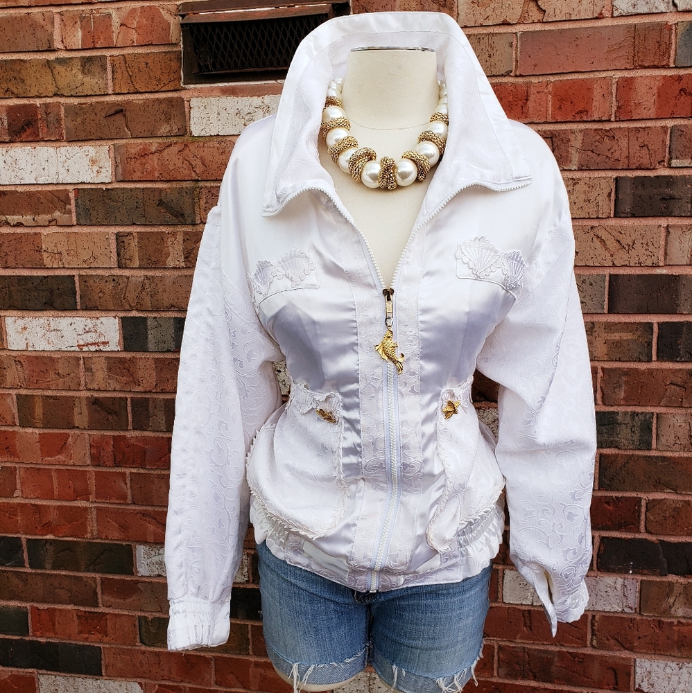 Vintage white & gold satin & damask track jacket
